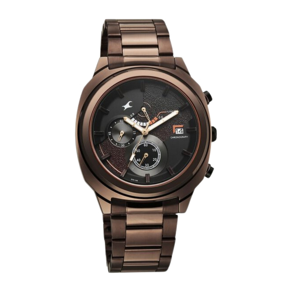 Fastrack Kronos Guys Chronograph Watch With Date Black Dial & Brown Stainless Steel Strap 3335KM01