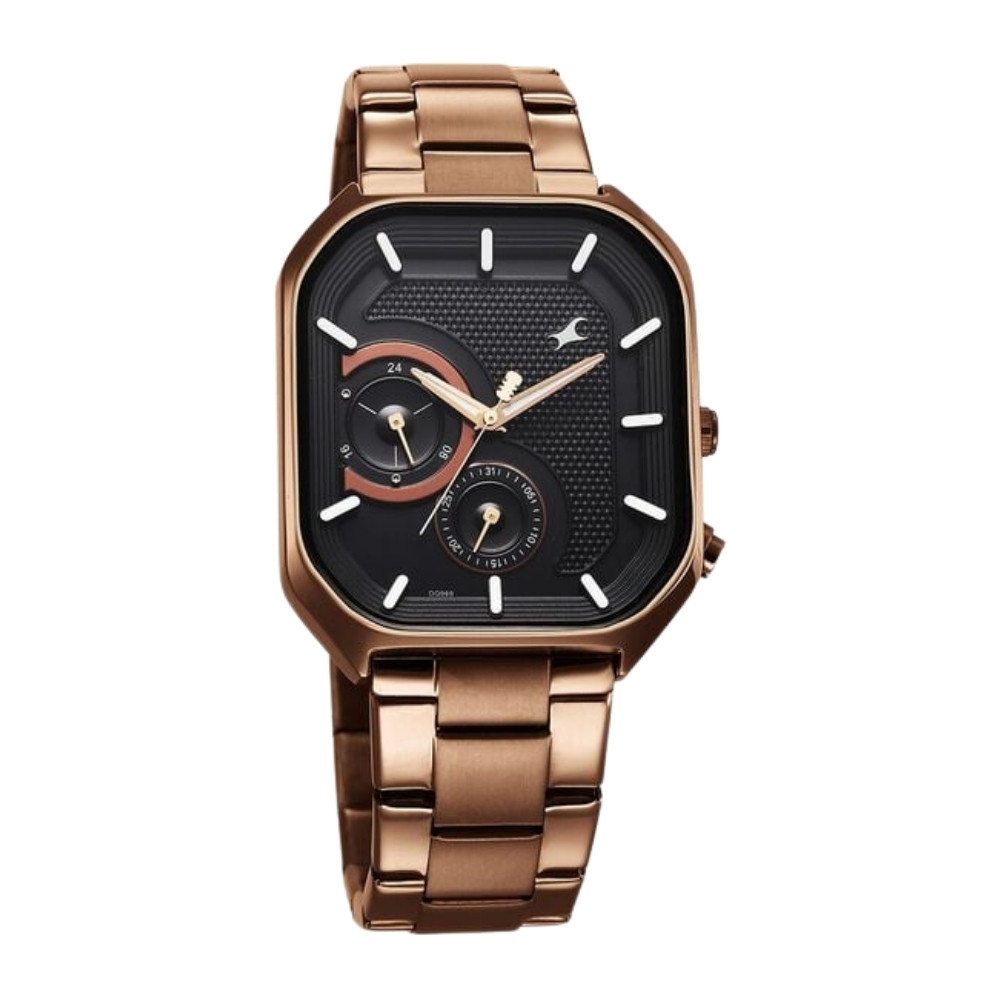 Fastrack Groove Multifunction Black Dial Metal Strap Guy's Watch with Lume indices 3321QM02