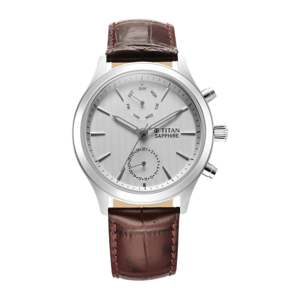 Titan Sapphire Multifunction Quartz Analog with Day and Date White Dial Leather Strap Watch for Men 1874SL03
