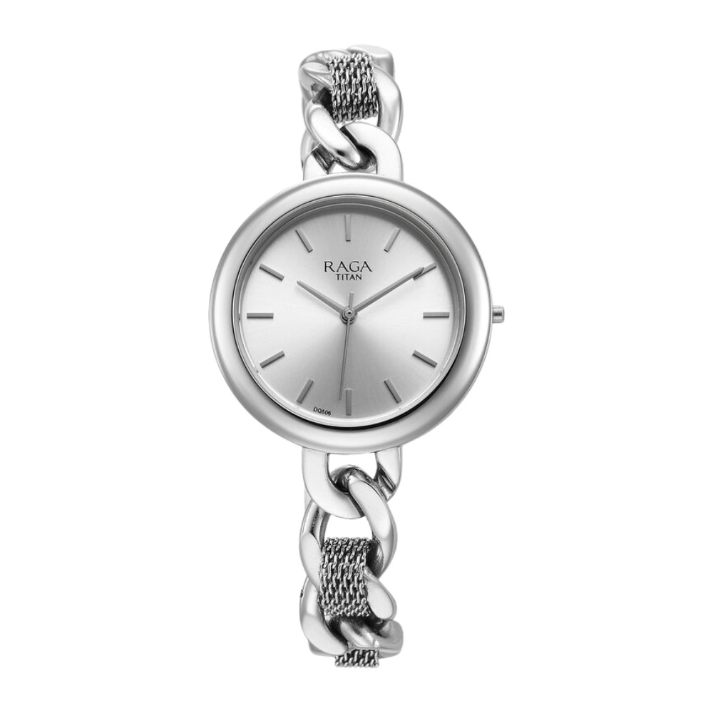 Titan Raga Showstopper Quartz Analog Silver Dial Metal Strap Watch for Women 95265SM01