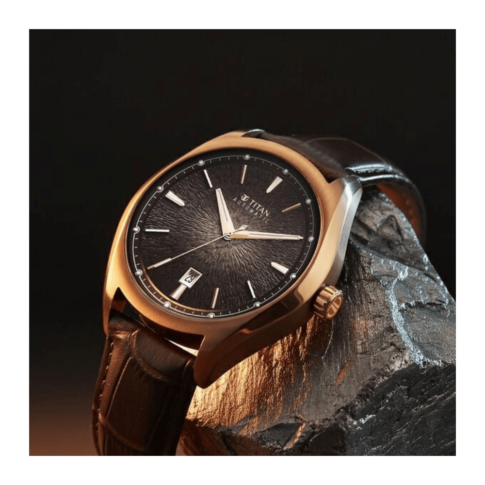 Titan Stellar Starlight Analog with Concealed Automatic and Brown Dial Brown Leather Strap Watch for Men 10051QL01