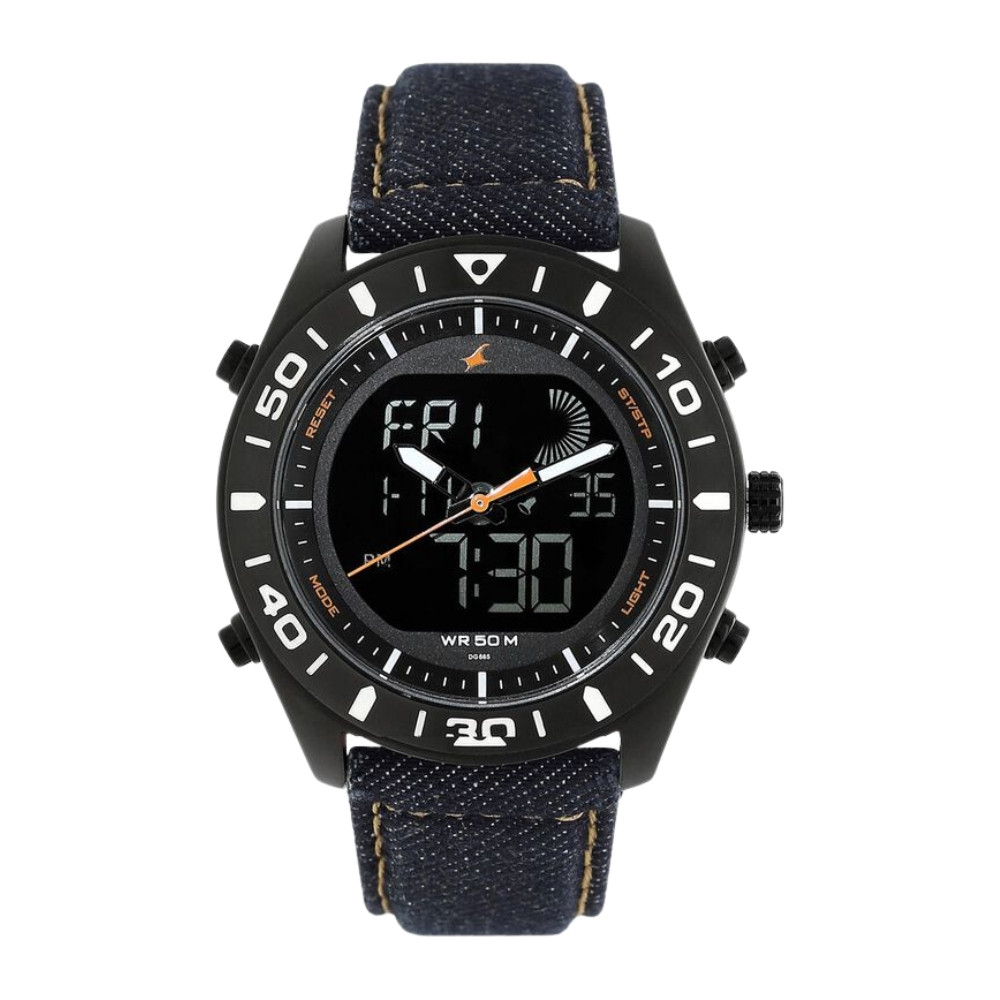 Fastrack Denim Quartz Analog Digital Black Dial Denim Strap Watch for Guys NP38034NL01
