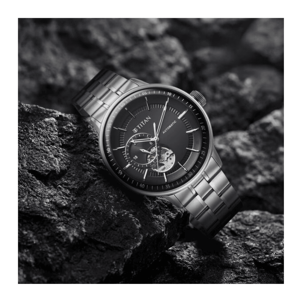 Titan Orbital Open Heart Automatic Analog with Black Dial Silver Stainless Steel Strap Watch for Men 90226SM01