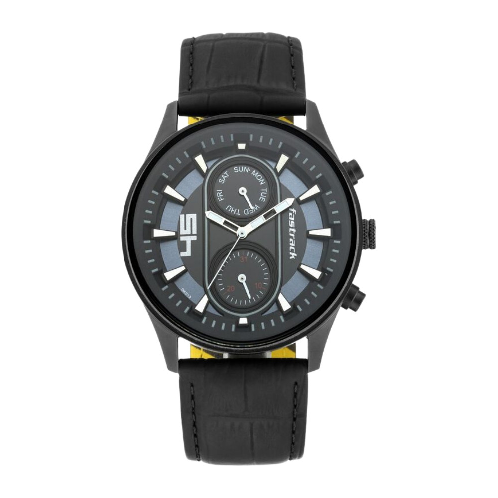 Fastrack Fastfit Quartz Analog with Day and Date Black Dial Leather Strap Watch for Guys NR3224NL01