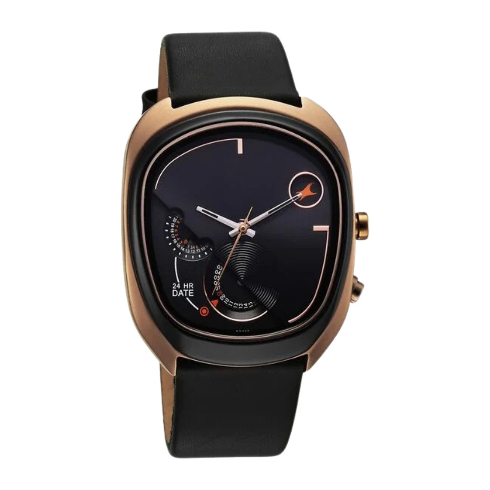 Fastrack UFO Quartz Multifunction Black Dial Black Leather Strap Watch For Guys 3327KL01