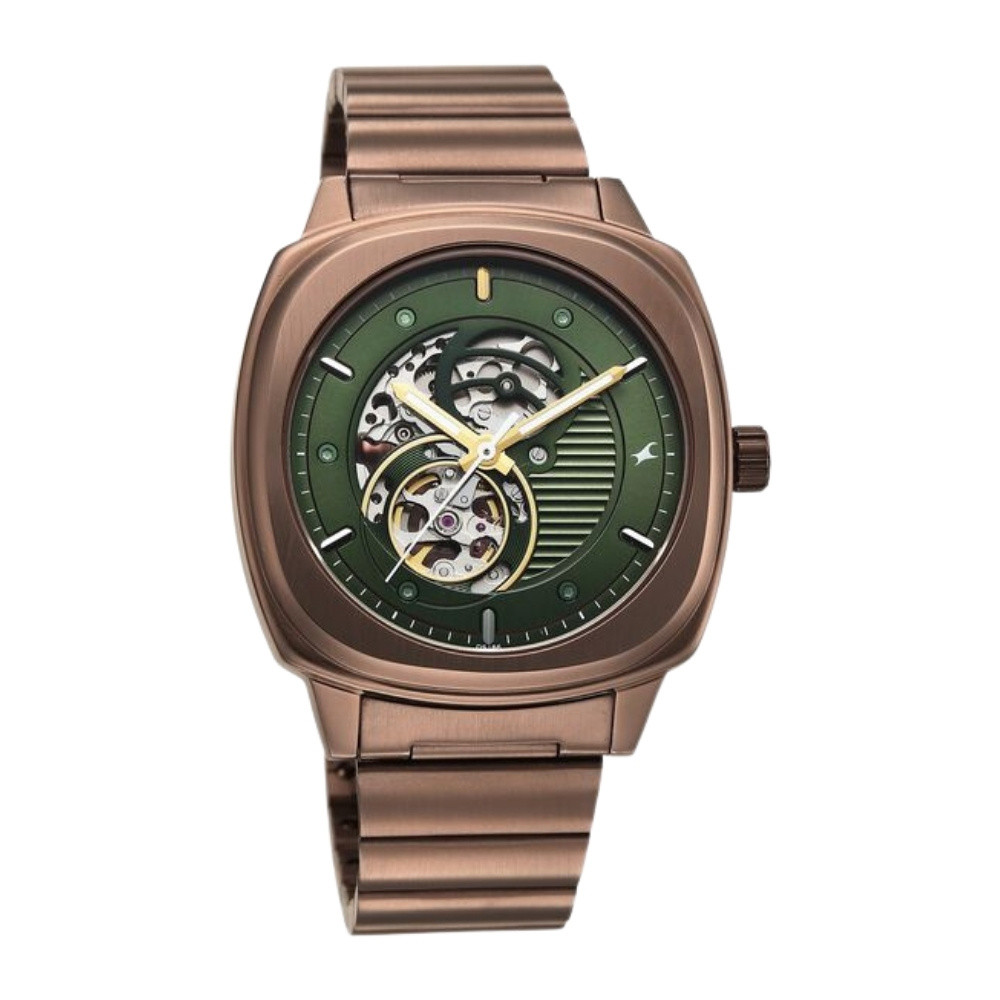 Fastrack Automatics Collection Green Dial Brown Stainless Steel Strap Watch For Guys 3333QM02