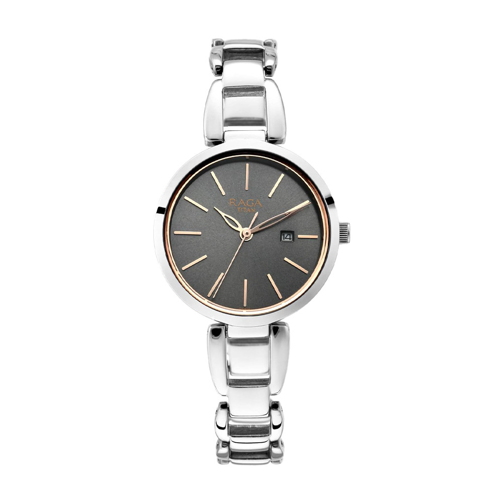 Titan Raga Viva Gun Dial Analog with Date Silver Metal Strap Watch for Women NR2642SM01