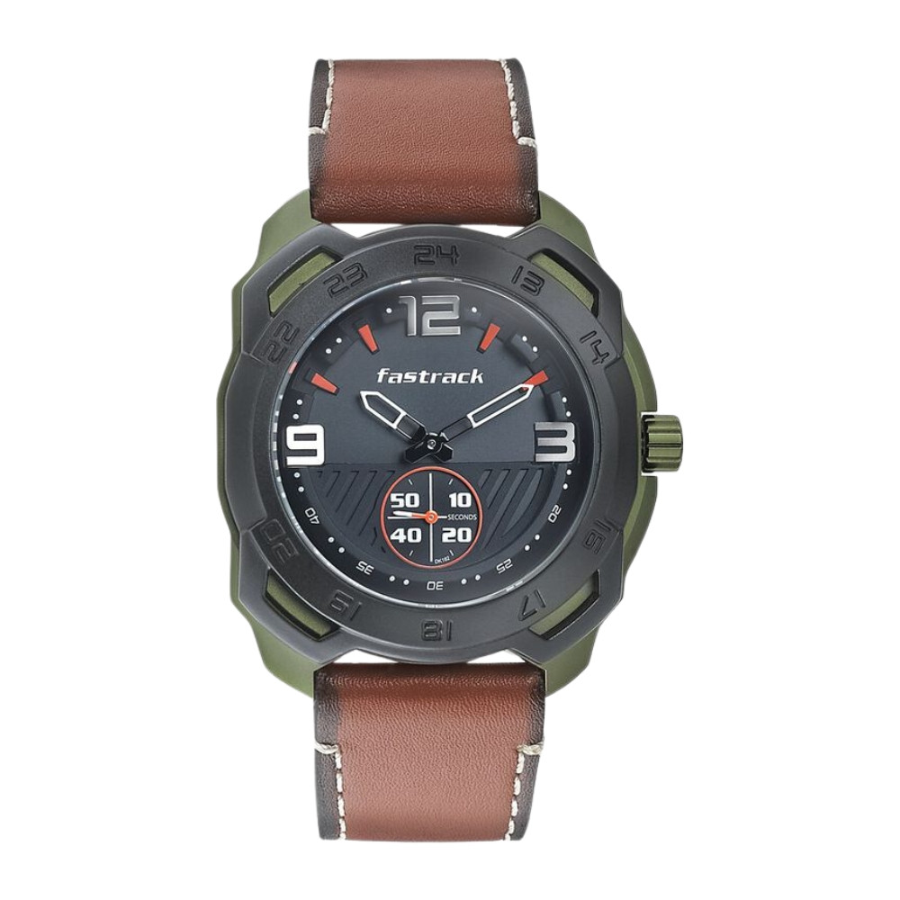 Fastrack All Nighters Quartz Analog Grey Dial Leather Strap Watch for Guys NR3192AL01