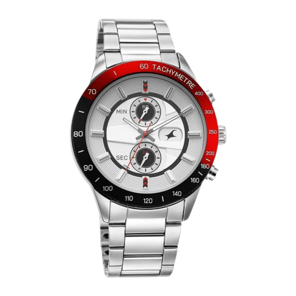 Fastrack Overdrive Quartz Chronograph Tachymeter White Dial Silver Stainless Steel Strap Watch For Guys 3332KM03