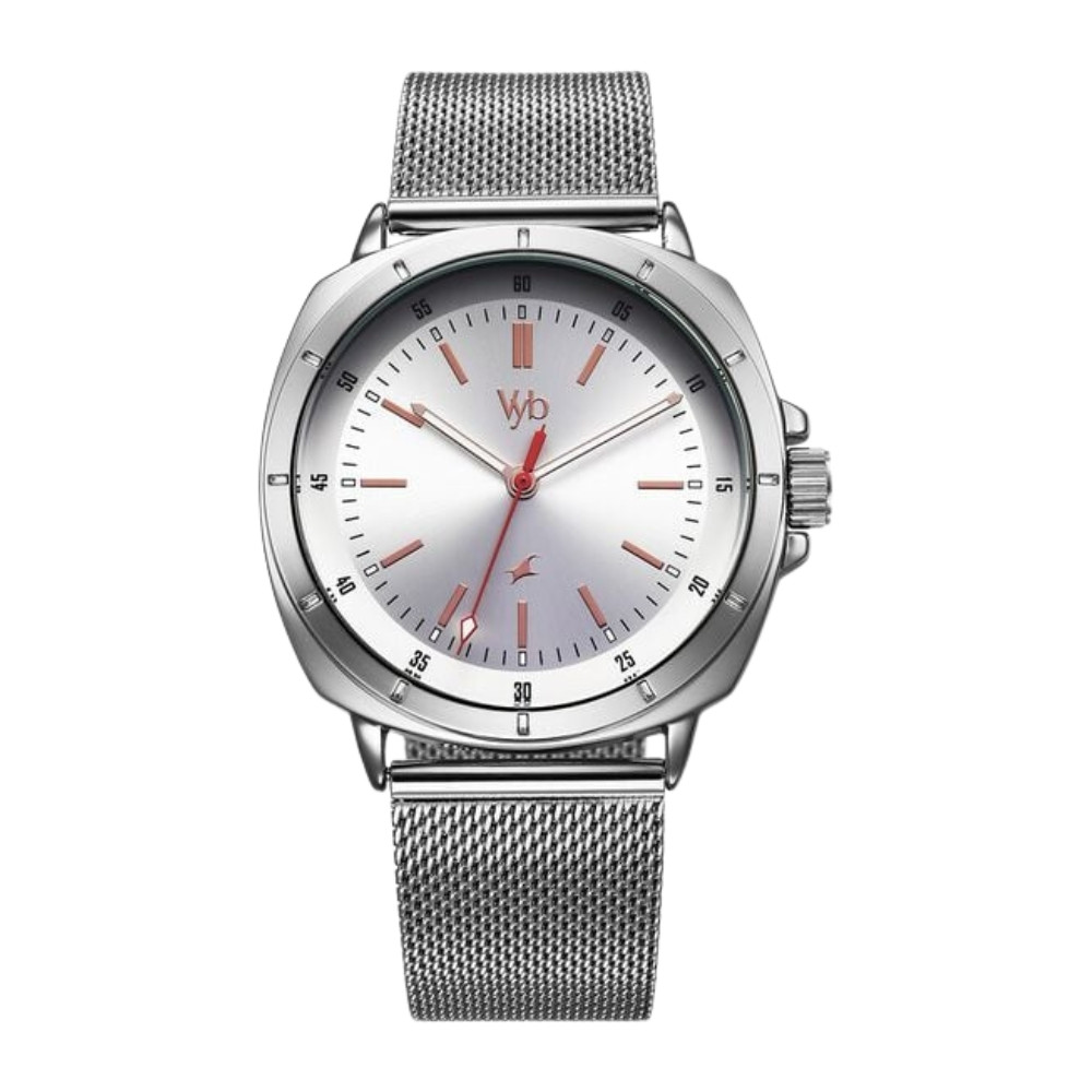 Fastrack Vyb Pioneer Quartz Analog Silver Dial Silver Metal Strap Watch For Guys FV30014SM01W