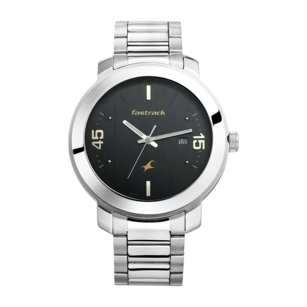 Fastrack Bare Basics Quartz Analog with Date Black Dial Stainless Steel Strap Watch for Guys NR3246SM02