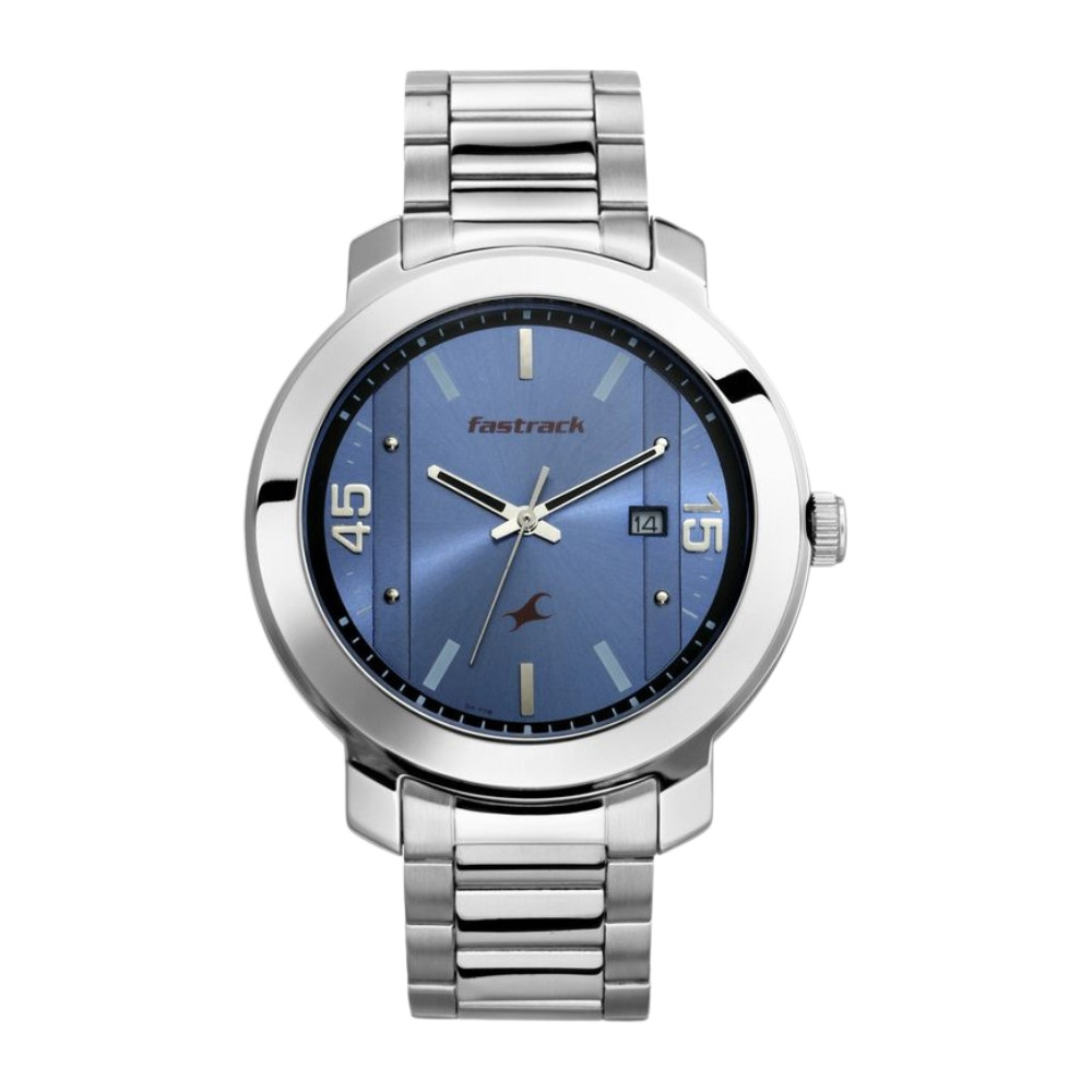 Fastrack Bare Basics Quartz Analog with Date Blue Dial Stainless Steel Strap Watch for Guys NR3246SM03