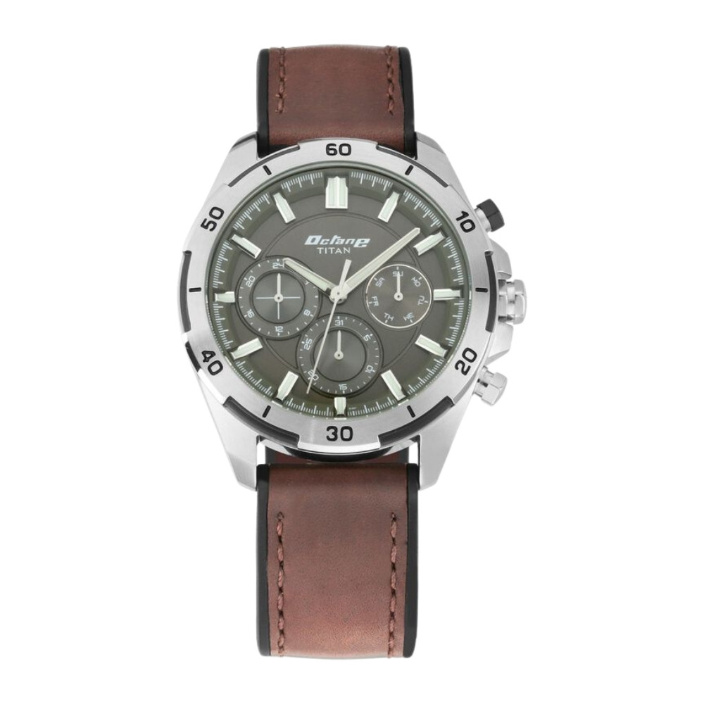 Titan Octane Hyper Lume Black Dial Quartz Multifunction Leather Strap watch for Men NR90114KP01