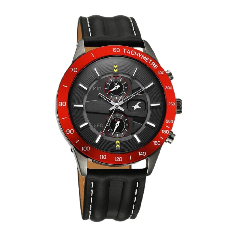 Fastrack Overdrive Quartz Chronograph Tachymeter Grey Dial Black Leather Strap Watch For Guys 3332KL01