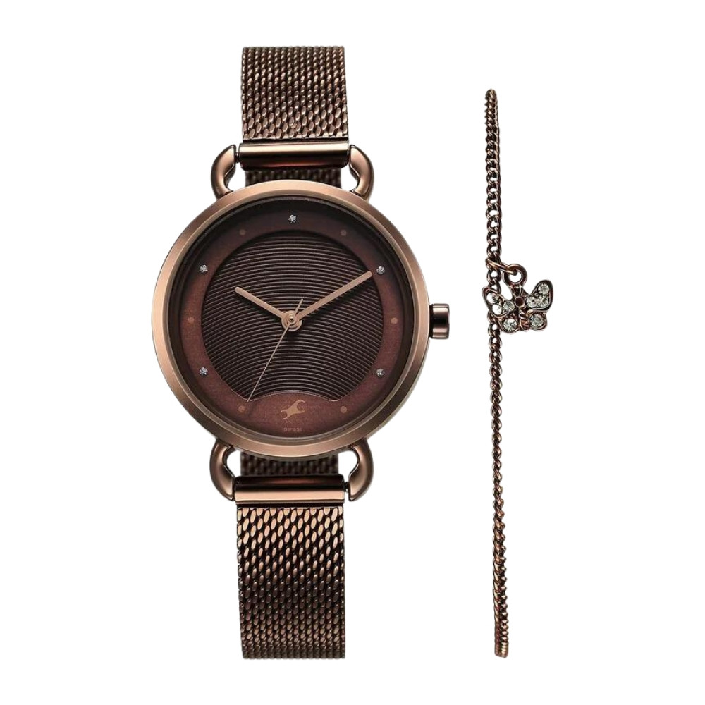 Fastrack Pulse Quartz Analog Brown Dial Stainless Steel Strap Watch for Girls 6221QM01F