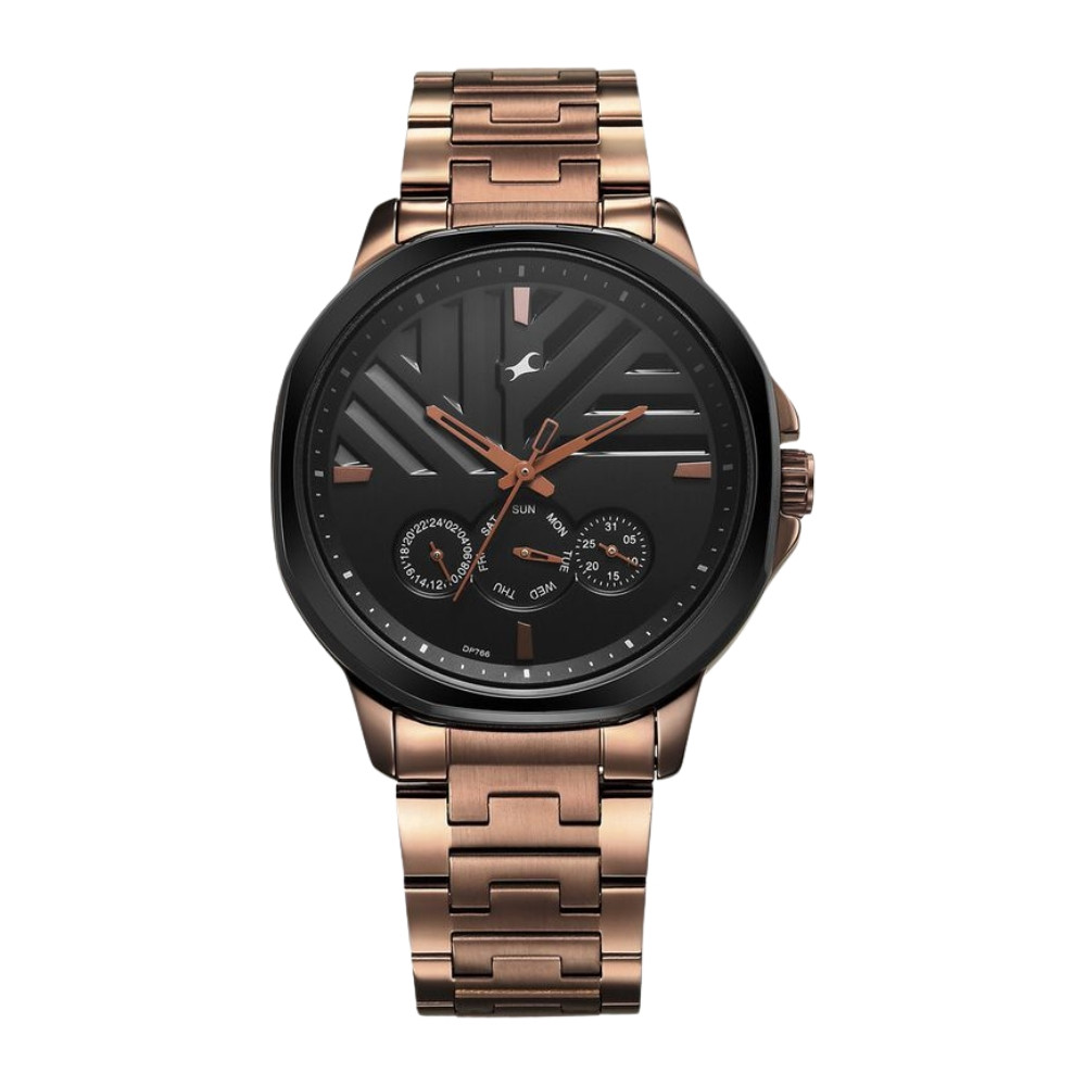 Fastrack Fleek Quartz Multifunction Black Dial Stainless Steel Strap Watch for Guys 3303KM02