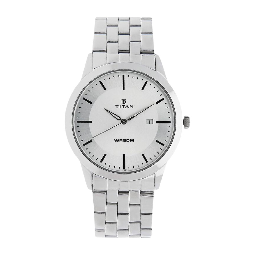 Titan Quartz Analog with Date White Dial Stainless Steel Strap Watch for Men NR1584SM03