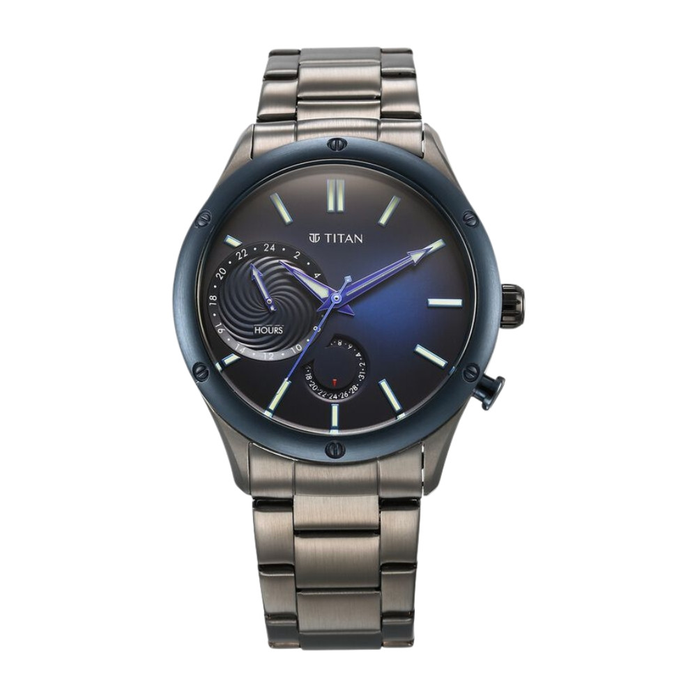 Titan Stellar Quartz Multifunction Blue Dial Stainless Steel Strap Watch for Men 10009KM01