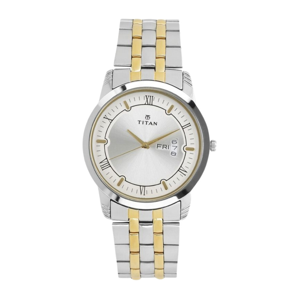 Titan Metal Silver Analog with Day and Date Stainless Steel Strap Watch for Men NR1774BM01