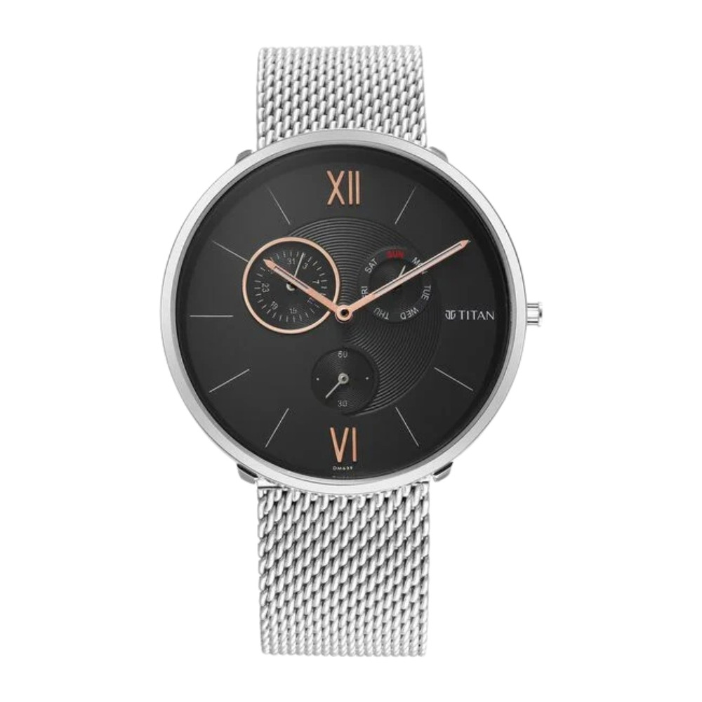 Titan Slim Quartz Multifunction Black Dial Stainless Steel Strap watch for Men NR1877SM01