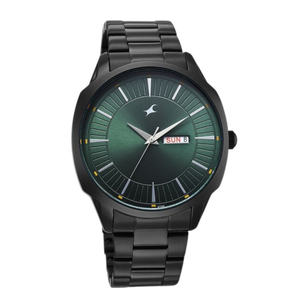 Fastrack Stunners Quartz Analog Green Dial Black Stainless Steel Strap Watch For Guys 38213NM01