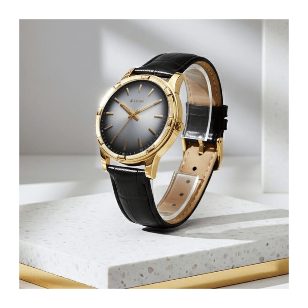Titan Karishma Festive Analog with Silver Dial Black Leather Strap Watch for Men 10058YL03