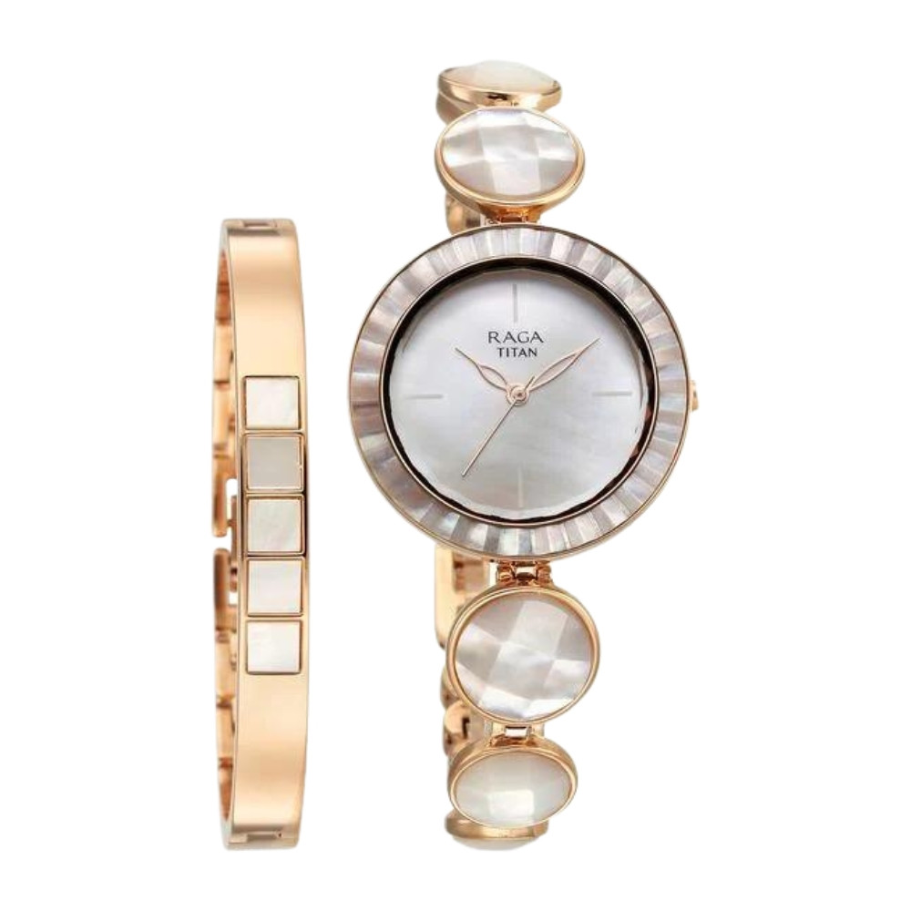 Titan Raga Power Pearls Quartz Analog Mother Of Pearl Dial faceted MOP Strap Watch for Women 95250WM01F