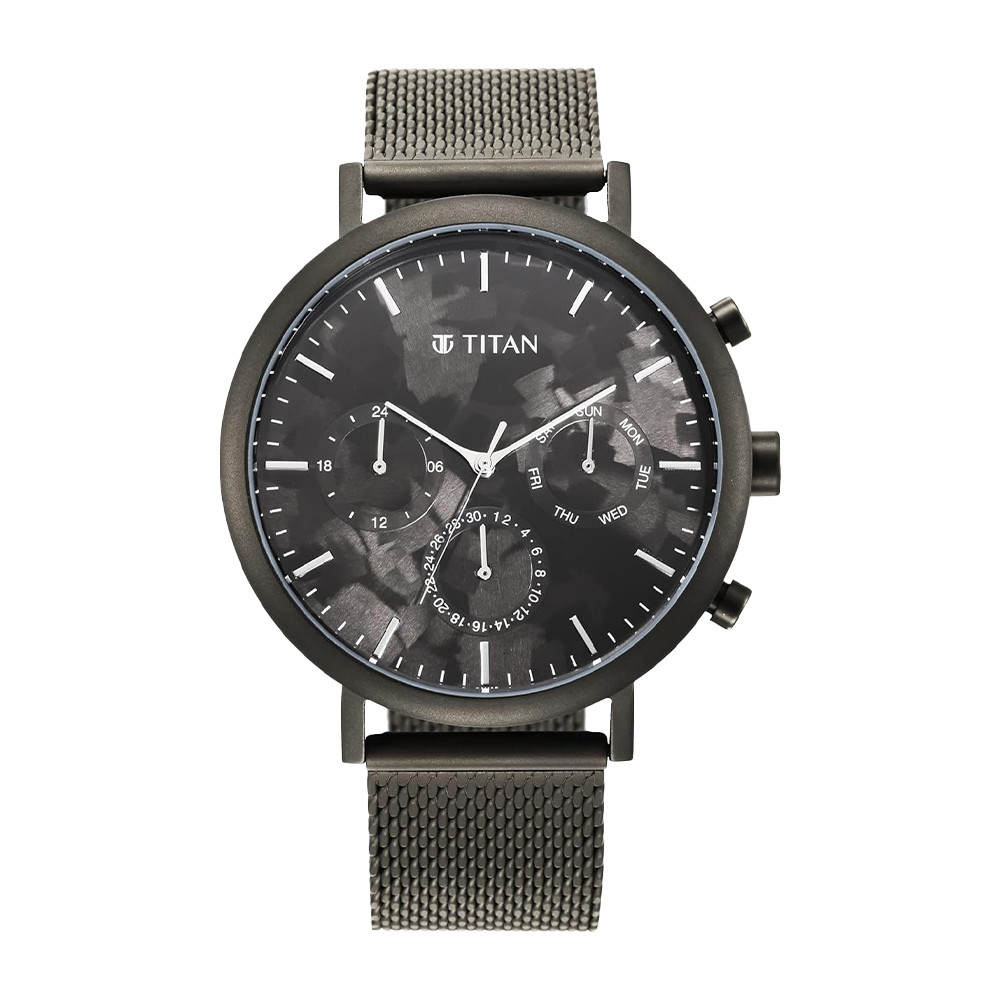 Titan Quartz Analog with Day and Date Black Dial Stainless Steel Strap Watch for Men 90144QM01