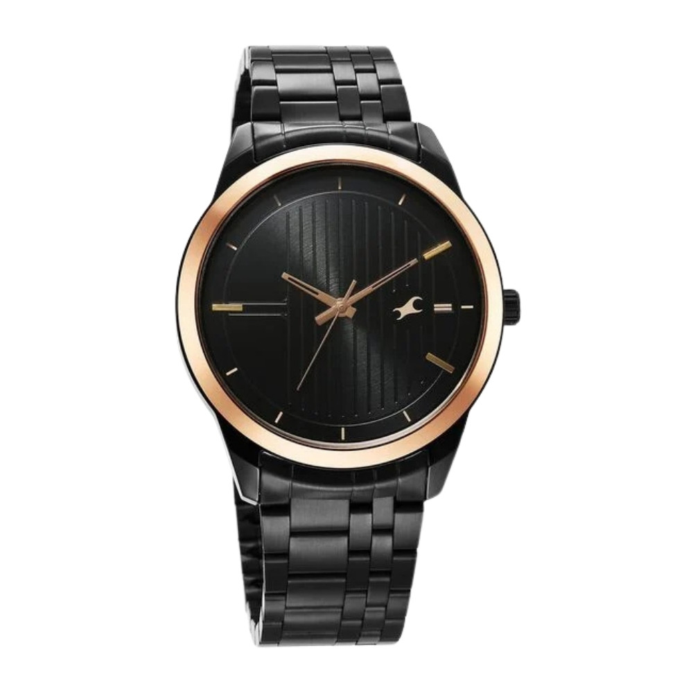 Fastrack Stunners Quartz Analog Black Dial Metal Strap Watch for Guys 3308KM01