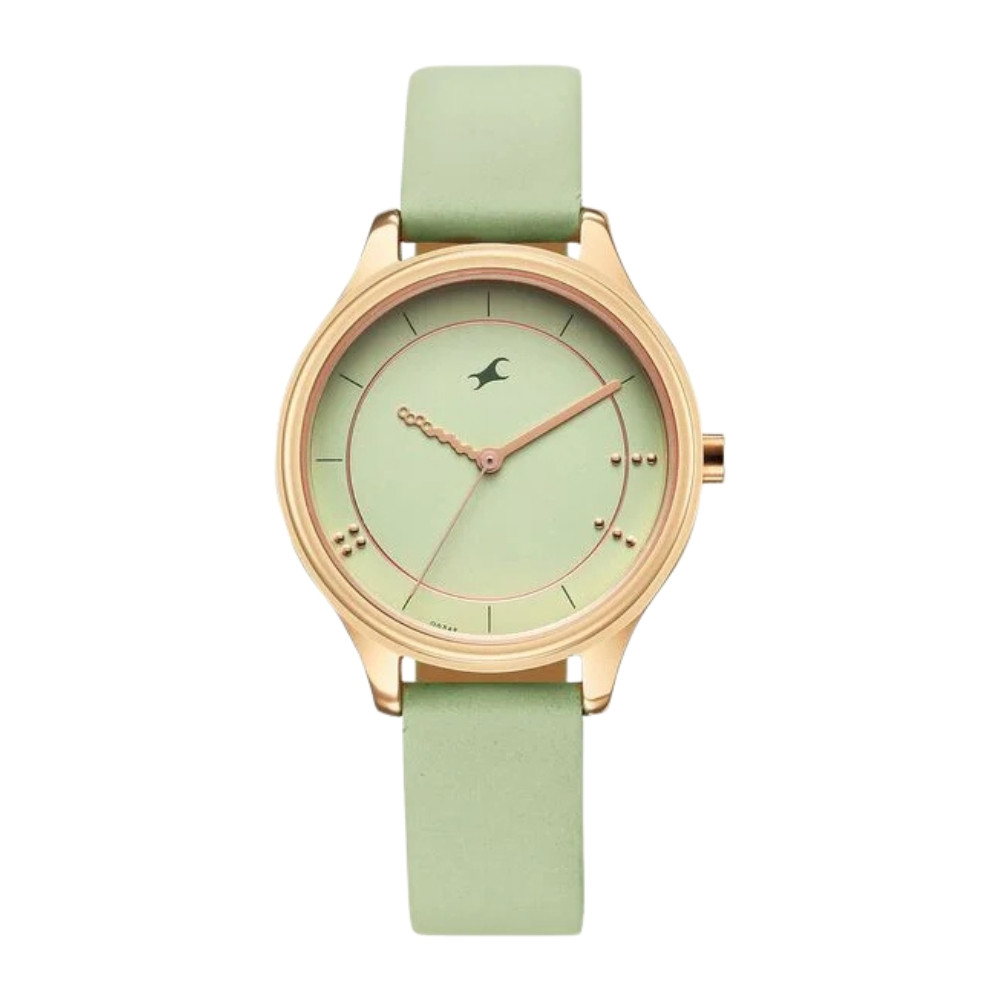 Fastrack Stunners Quartz Analog Green Dial Green Leather Strap Watch For Girls 6296WL02