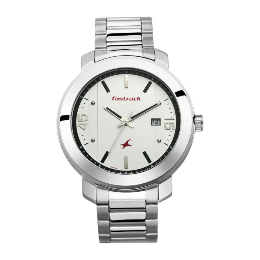 Fastrack Bare Basics Quartz Analog with Date White Dial Stainless Steel Strap Watch for Guys NR3246SM01