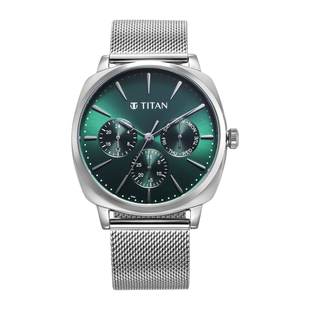 Titan Classique Suave Quartz Green Dial Silver Stainless Steel Mesh Strap Watch for Men 90189SM01