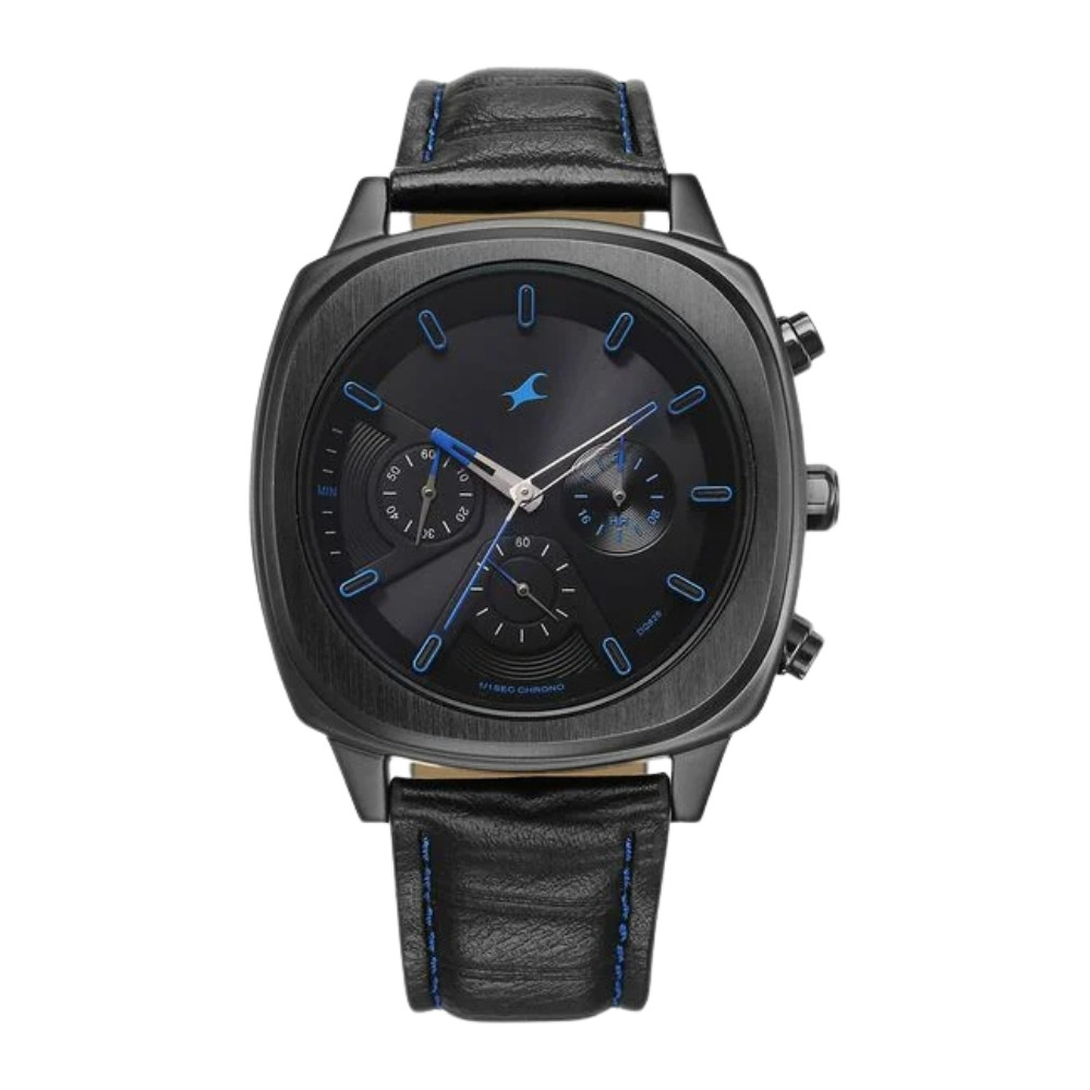 Fastrack Kronos Chronograph Black Dial Black Leather Strap Watch For Guys 3319NL02