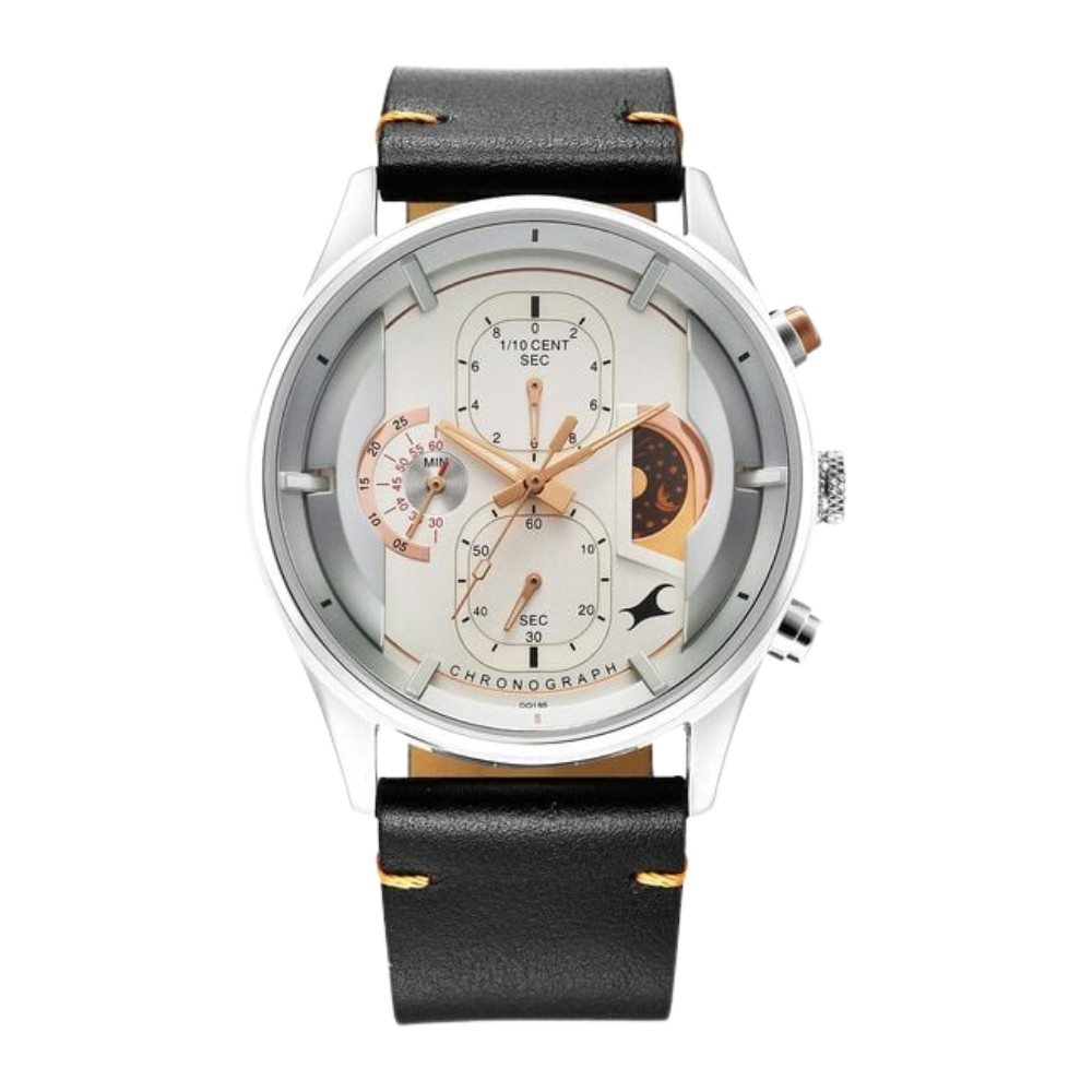 Fastrack Opulence Sun Moon Chronograph Silver Dial Black Leather Strap Analog Quartz Watch For Guys 3315KL02