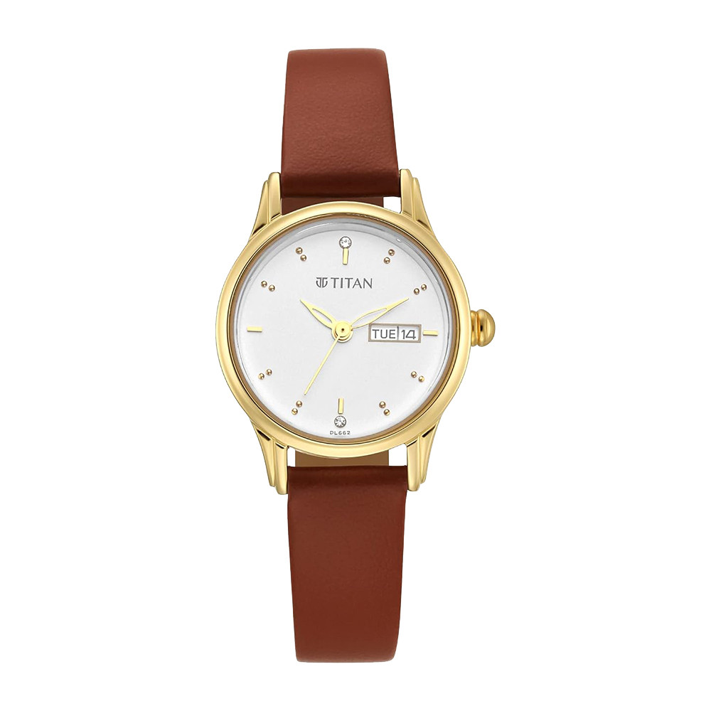 Titan Lagan White Dial Analog with Day and Date Leather Strap Watch for Women NR2656YL01