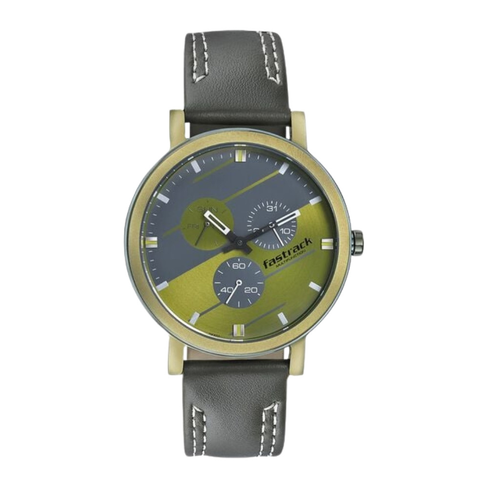 Fastrack Dial It Up Quartz Multifunction Green Dial Leather Strap Watch for Guys 3238QL01