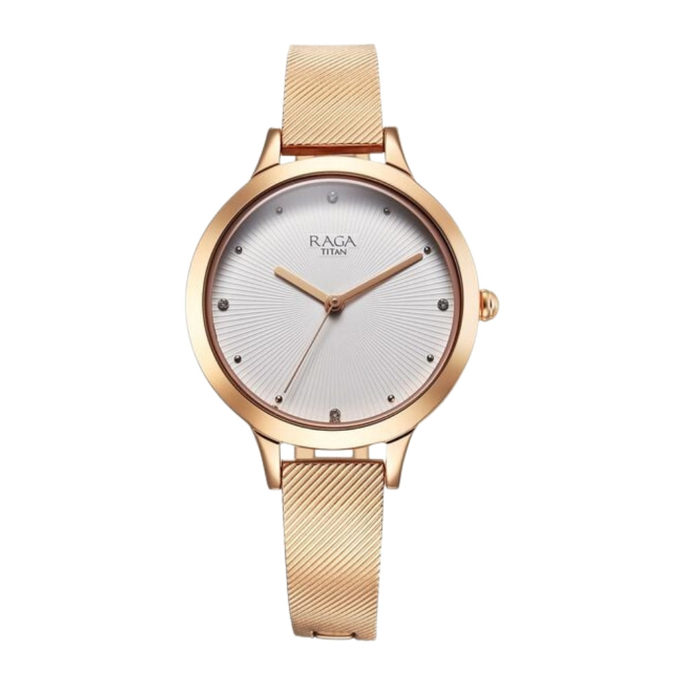 Titan Raga Memoirs Quartz Analog White Dial With Rose Gold Color Metal Strap Watch For Women 2754WM01