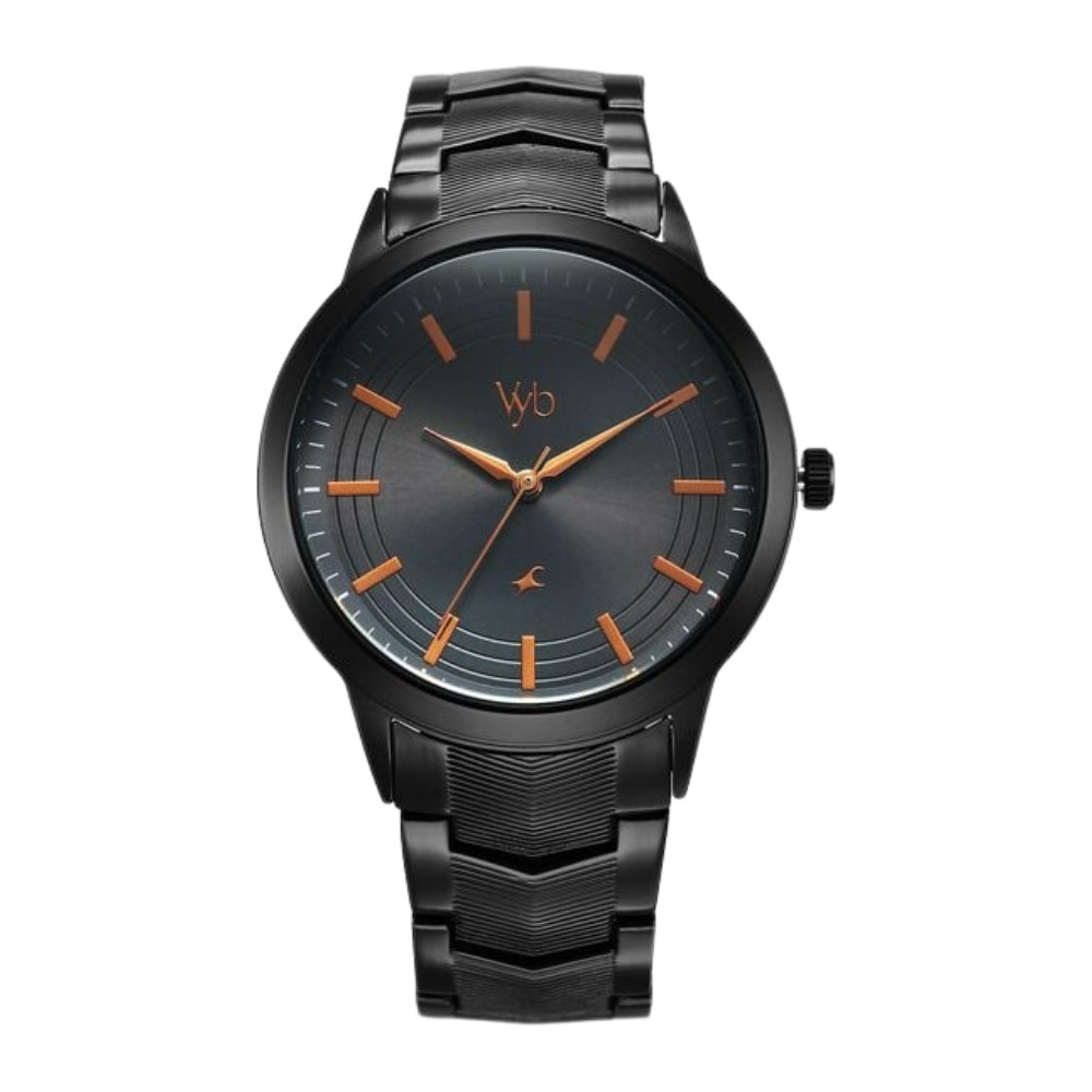 Fastrack Vyb Atlas Quartz Analog Black Dial Black Metal Strap Watch For Guys FV30002NM01W