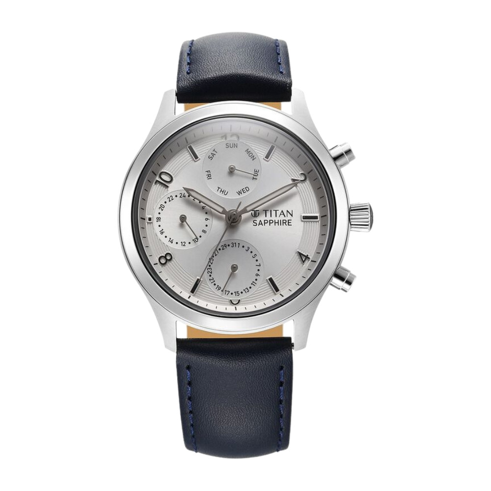 Titan Sapphire Quartz Multifunction Silver Dial Leather Strap Watch for Men 1874SL04