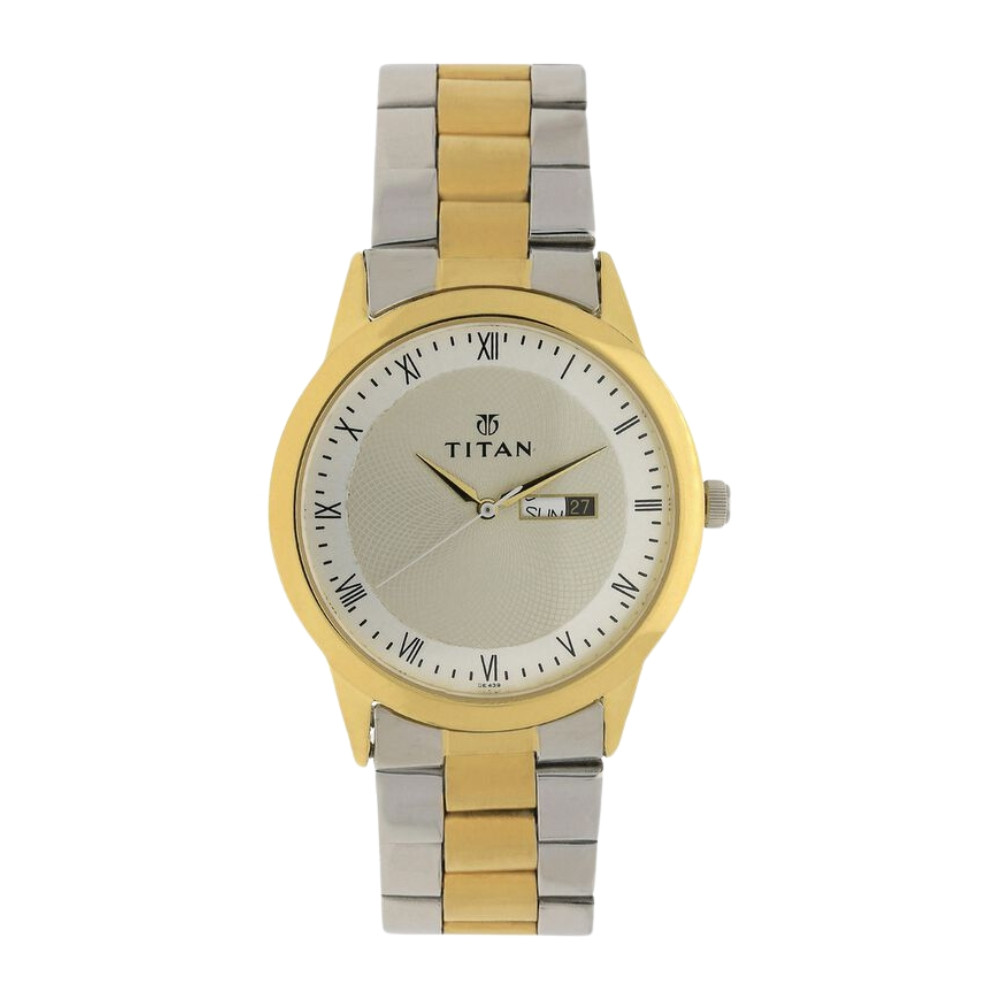 Titan Quartz Analog with Day and Date Champagne Dial Stainless Steel Strap Watch for Men NR1584BM02