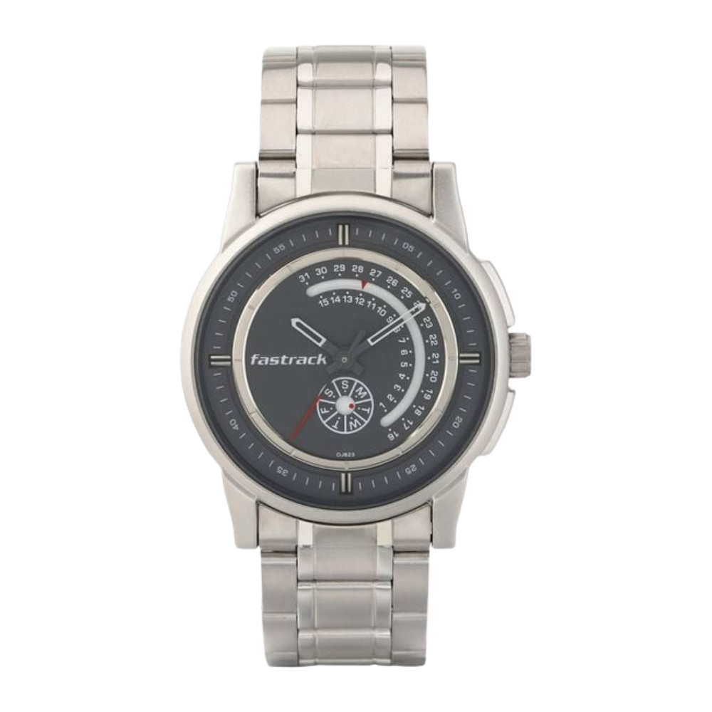 Fastrack Go Skate Quartz Analog with Day and Date Grey Dial Stainless Steel Strap Watch for Guys NS3215SM02