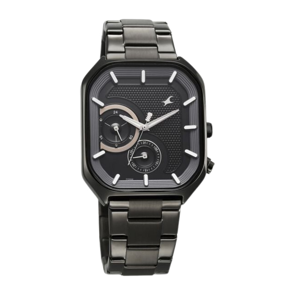Fastrack Groove Multifunction Black Dial Metal Strap Guy's Watch with Lume indices 3321QM01
