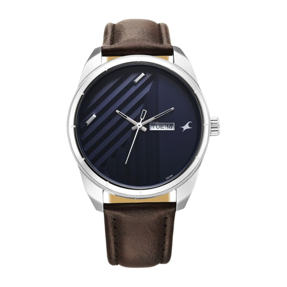 Fastrack Fleek Quartz Analog with Day and Date Blue Dial Leather Strap Watch For Guys 3313SL01