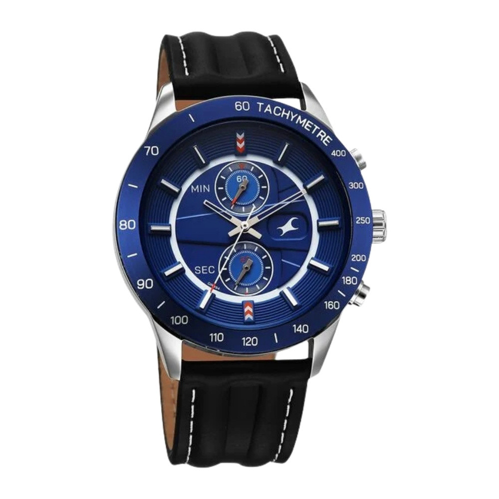 Fastrack Overdrive Quartz Chronograph Tachymeter Blue Dial Black Leather Strap Watch For Guys 3332KL02
