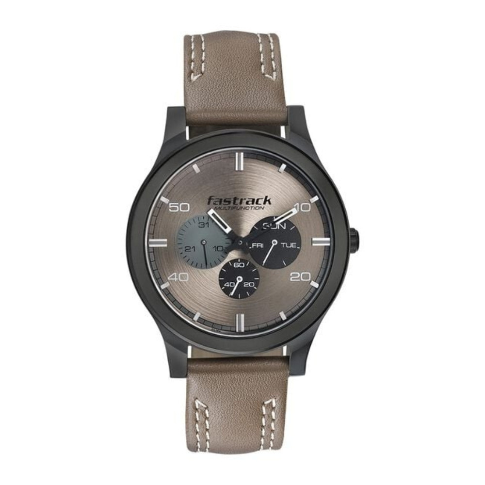 Fastrack Dial It Up Quartz Multifunction Beige Dial Leather Strap Watch for Guys NS3252NL01