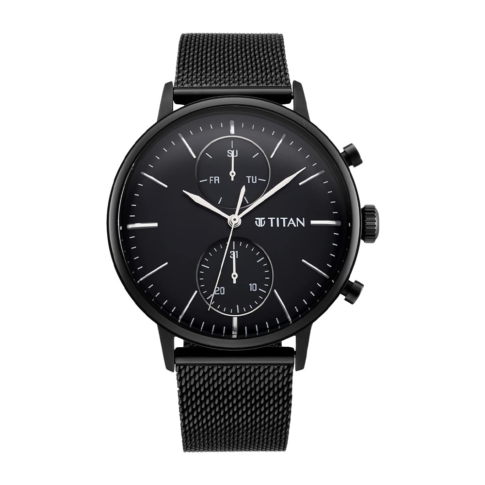 Titan Light Leathers Black Dial Multi Stainless Steel Strap Watch for Men NR90135NM01