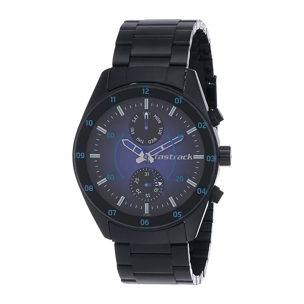 Fastrack Space Rover Quartz Multifunction Purple Dial Stainless Steel Strap Watch for Guys NP3201NM01