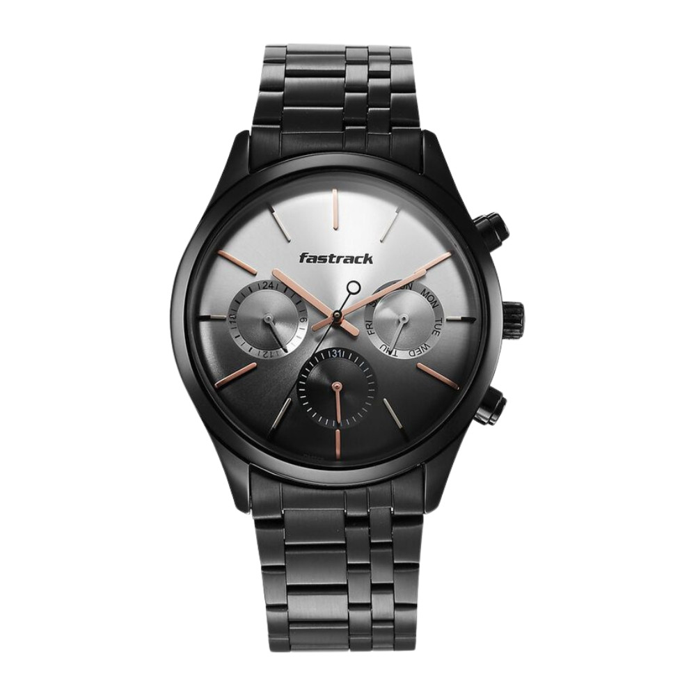 Fastrack Opulence Quartz Multifunction Multicoloured Dial Stainless Steel Strap Watch for Guys NR3288NM01