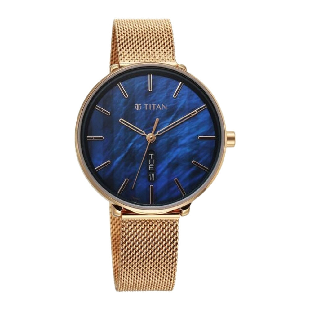 Titan Neo Analog with Day and Date Mother Of Pearl Dial Rose Gold Color Stainless Steel Strap Watch For Women 2763WM01