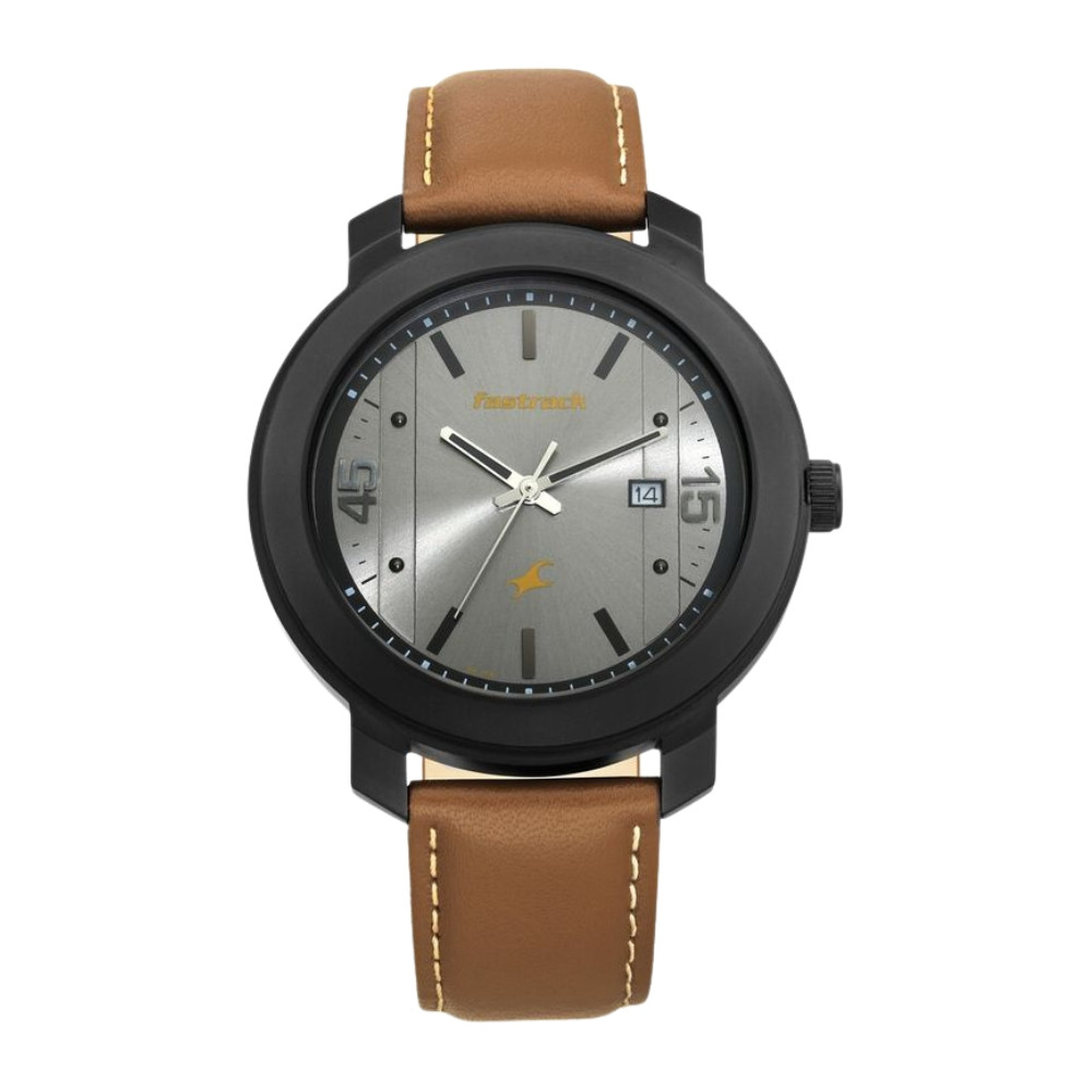 Fastrack Bare Basics Quartz Analog with Date Grey Dial Leather Strap Watch for Guys NR3246NL01